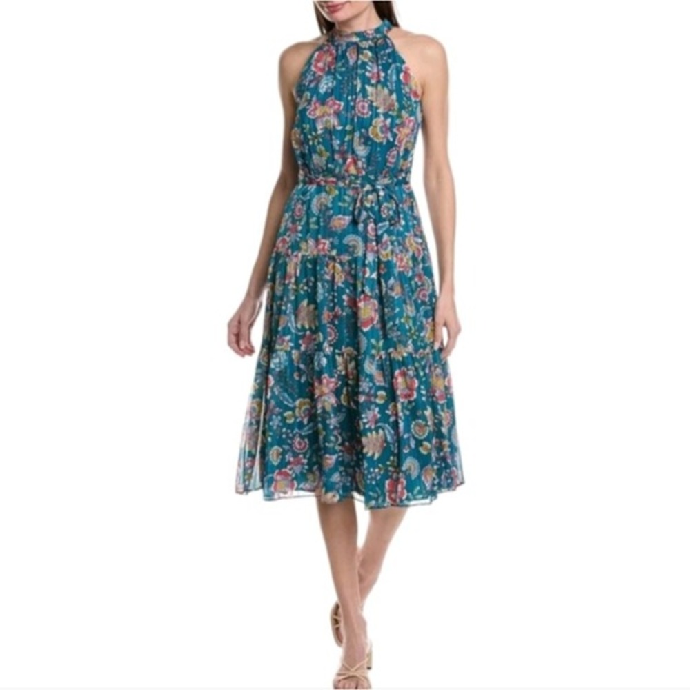 Nanette Lepore 70s vibe Teal paisley halter ruffle midi dress plus size 14 new‎